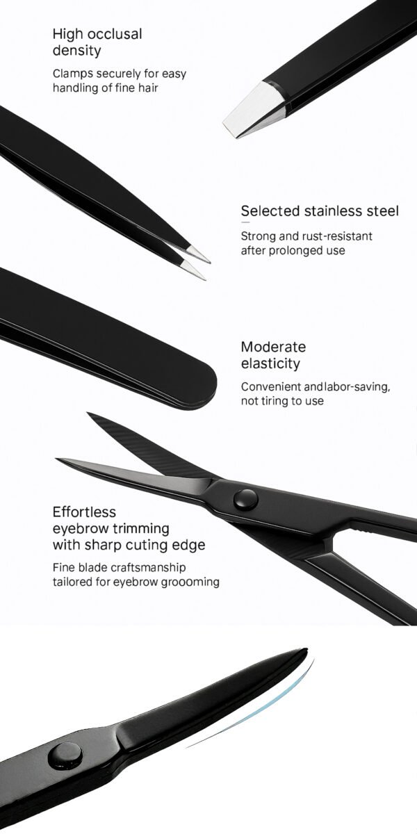 5-Piece Matte Black Eyebrow Grooming Set – Tweezers & Scissors with Case - Image 6