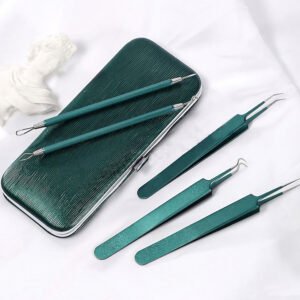 5-Piece Blackhead Extractor & Tweezers Set with Mirror Case – Tourmaline Green