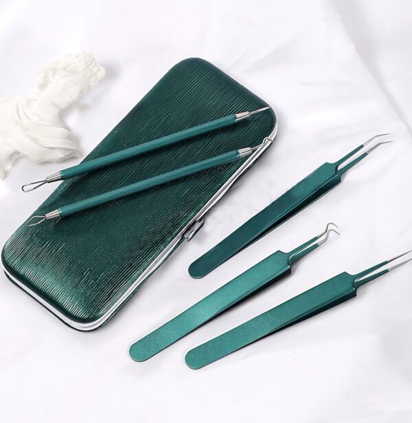 5-Piece Blackhead Extractor & Tweezers Set with Mirror Case – Tourmaline Green