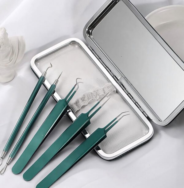 5-Piece Blackhead Extractor & Tweezers Set with Mirror Case – Tourmaline Green - Image 2