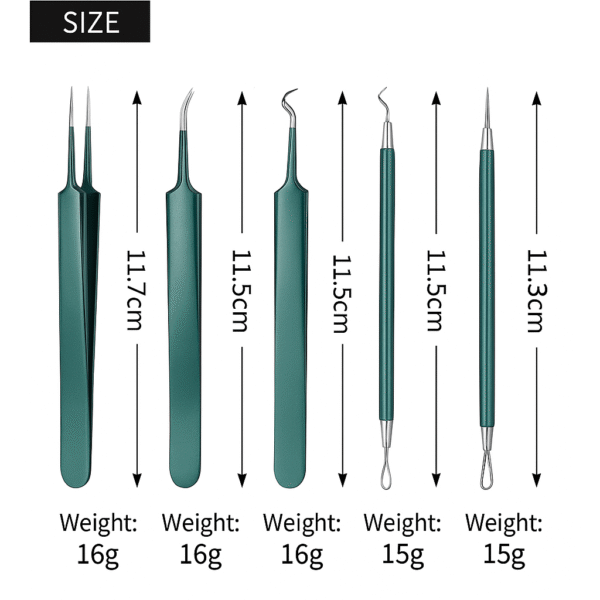 5-Piece Blackhead Extractor & Tweezers Set with Mirror Case – Tourmaline Green - Image 5