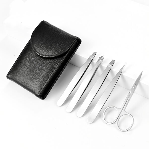 5-Piece Matte Black Eyebrow Grooming Set – Tweezers & Scissors with Case - Image 5