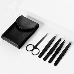 5-Piece Matte Black Eyebrow Grooming Set – Tweezers & Scissors with Case