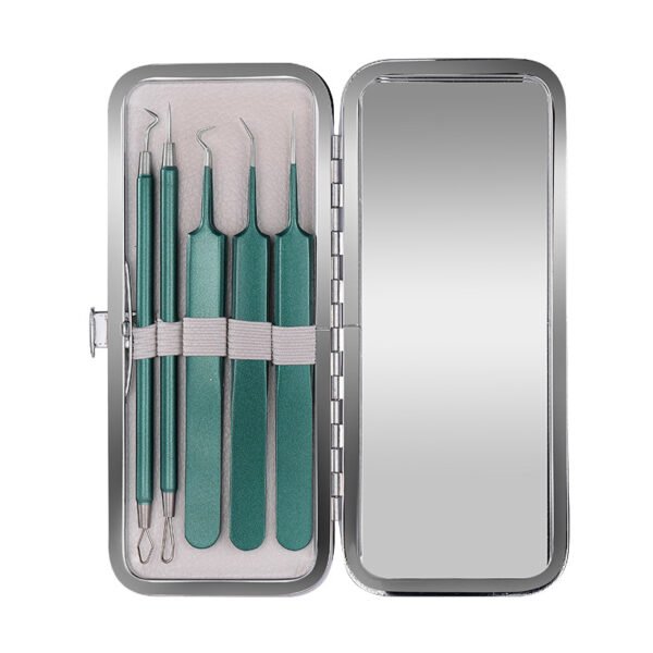 5-Piece Blackhead Extractor & Tweezers Set with Mirror Case – Tourmaline Green - Image 3